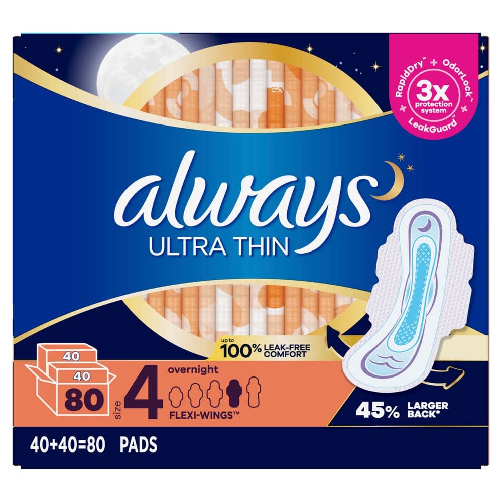 Always Ultra Thin Overnight Pads Unscented - Size 4 (80 ct.) - Feminine Care - Always Ultra