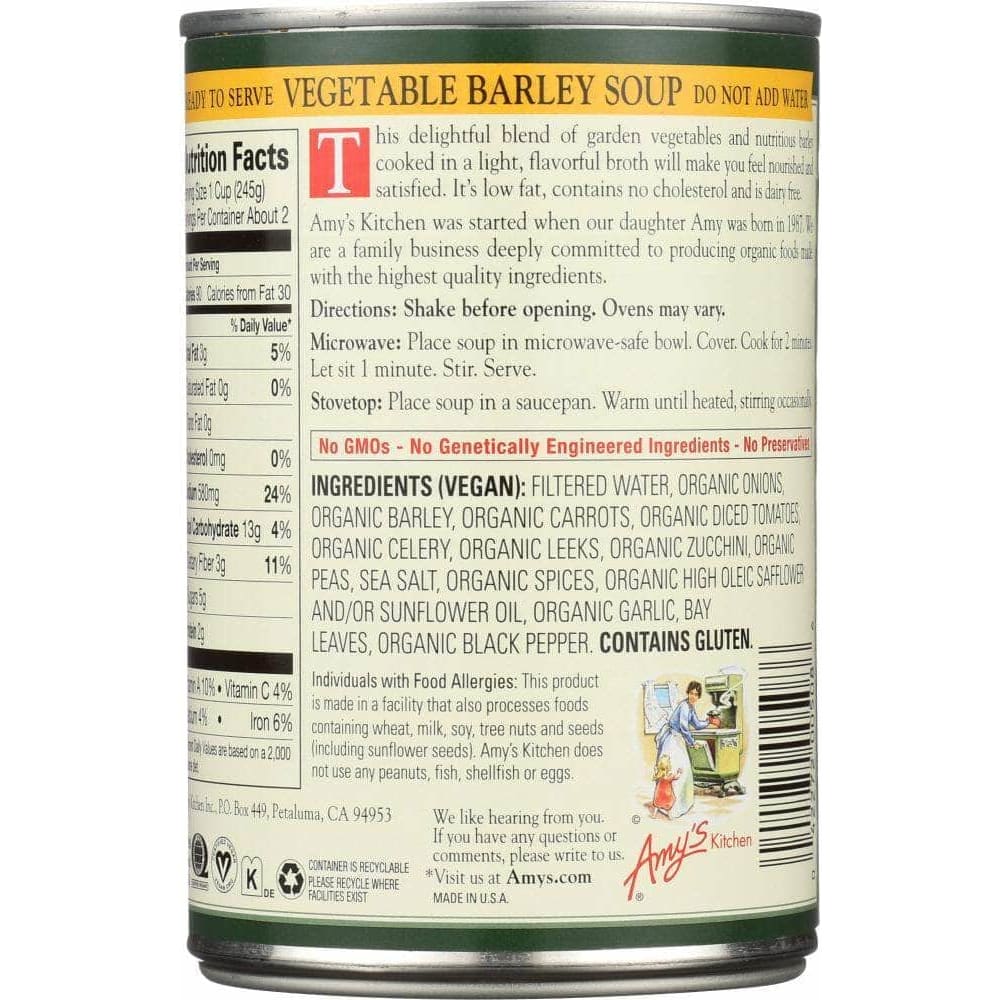 Amys Amy's Organic Soup Low Fat Vegetable Barley, 14.1 oz