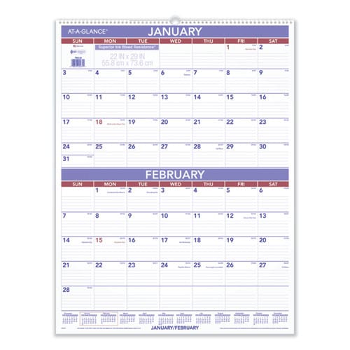 AT-A-GLANCE Two-month Wall Calendar 22 X 29 White/blue/red Sheets 12-month (jan To Dec): 2023 - School Supplies - AT-A-GLANCE®