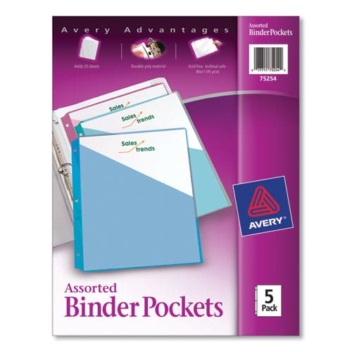 Avery Binder Pockets 3-hole Punched 9.25 X 11 Assorted Colors 5/pack - School Supplies - Avery®