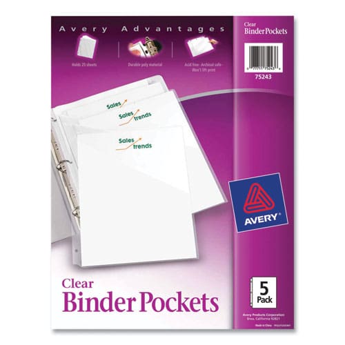 Avery Binder Pockets 3-hole Punched 9.25 X 11 Clear 5/pack - School Supplies - Avery®