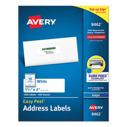 Avery Easy Peel White Address Labels W/ Sure Feed Technology Inkjet Printers 1.33 X 4 White 14/sheet 100 Sheets/box - Office - Avery®