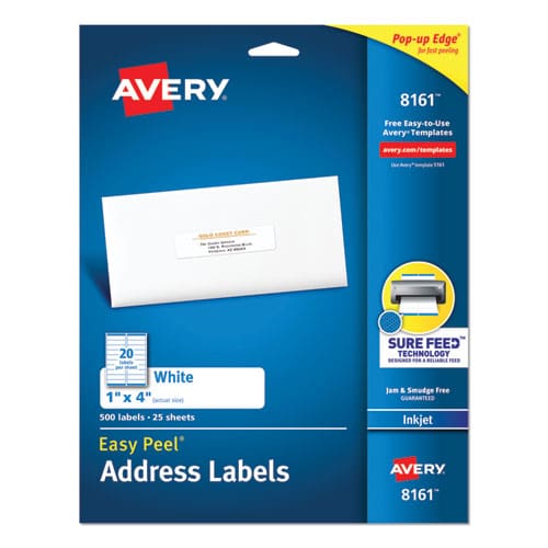 Avery Easy Peel White Address Labels W/ Sure Feed Technology Inkjet Printers 1 X 4 White 20/sheet 25 Sheets/pack - Office - Avery®