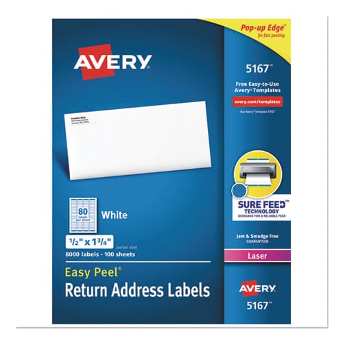 Avery Easy Peel White Address Labels W/ Sure Feed Technology Laser Printers 0.5 X 1.75 White 80/sheet 100 Sheets/box - Office - Avery®