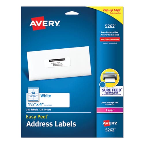Avery Easy Peel White Address Labels W/ Sure Feed Technology Laser Printers 1.33 X 4 White 14/sheet 25 Sheets/pack - Office - Avery®