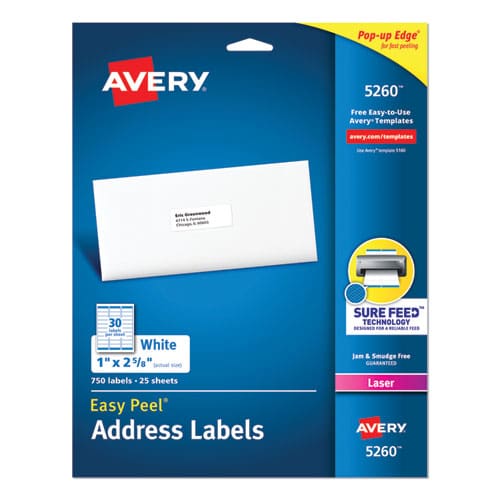 Avery Easy Peel White Address Labels W/ Sure Feed Technology Laser Printers 1 X 2.63 White 30/sheet 25 Sheets/pack - Office - Avery®