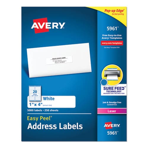 Avery Easy Peel White Address Labels W/ Sure Feed Technology Laser Printers 1 X 4 White 20/sheet 250 Sheets/box - Office - Avery®