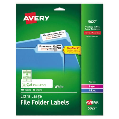 Avery Extra-large Trueblock File Folder Labels With Sure Feed Technology 0.94 X 3.44 White 18/sheet 25 Sheets/pack - Office - Avery®