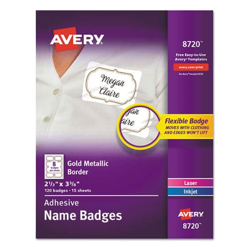 Avery Flexible Adhesive Name Badge Labels 3 3/8 X 2 1/3 White/gold Border 120/pk - School Supplies - Avery®