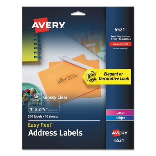 Avery Glossy Clear Easy Peel Mailing Labels W/ Sure Feed Technology Inkjet/laser Printers 1 X 2.63 30/sheet 10 Sheets/pack - Office - Avery®