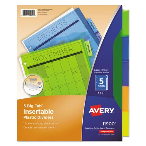 Avery Insertable Big Tab Plastic Dividers 5-tab 11 X 8.5 Assorted 1 Set - School Supplies - Avery®