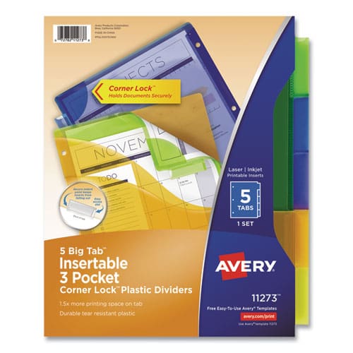 Avery Insertable Big Tab Plastic Three-pocket Corner Lock Dividers 5-tab 11.13 X 9.25 Assorted 1 Set - School Supplies - Avery®