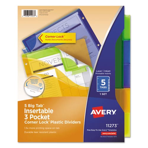 Avery Insertable Big Tab Plastic Three-pocket Corner Lock Dividers 5-tab 11.13 X 9.25 Assorted 1 Set - School Supplies - Avery®