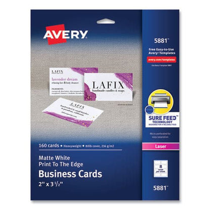 Avery Print-to-the-edge Microperf Business Cards W/sure Feed Technology Color Laser 2x3.5 White 160 Cards 8/sheet,20 Sheets/pk - Office -