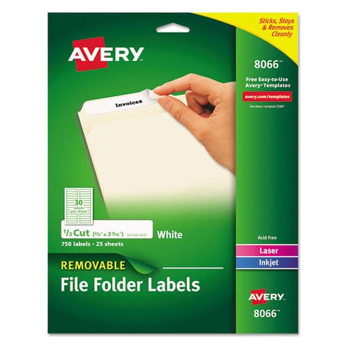 Avery Removable File Folder Labels With Sure Feed Technology 0.66 X 3.44 White 30/sheet 25 Sheets/pack - Office - Avery®