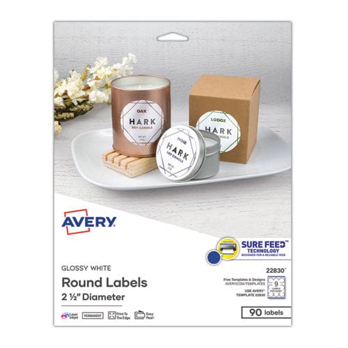 Avery Round Print-to-the Edge Labels With Surefeed 2.5 Dia Glossy White 90/pk - Office - Avery®