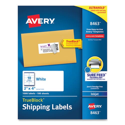 Avery Shipping Labels W/ Trueblock Technology Inkjet Printers 2 X 4 White 10/sheet 100 Sheets/box - Office - Avery®