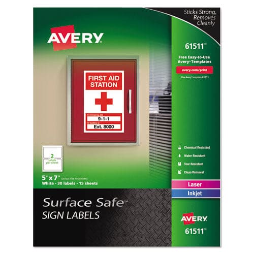 Avery Surface Safe Removable Label Safety Signs Inkjet/laser Printers 5 X 7 White 2/sheet 15 Sheets/pack - Office - Avery®