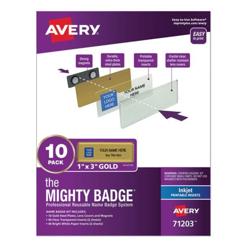 Avery The Mighty Badge Name Badge Holder Kit Horizontal 3 X 1 Inkjet Gold 10 Holders/ 80 Inserts - Office - Avery®