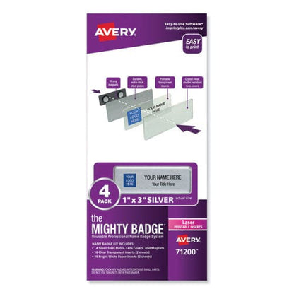 Avery The Mighty Badge Name Badge Holder Kit Horizontal 3 X 1 Laser Silver 4 Holders/32 Inserts - Office - Avery®