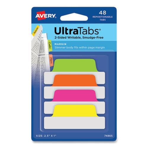 Avery Ultra Tabs Repositionable Tabs Margin Tabs: 2.5 X 1 1/5-cut Assorted Neon Colors 48/pack - Office - Avery®