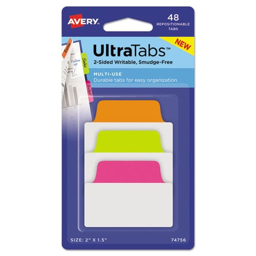 Avery Ultra Tabs Repositionable Tabs Standard: 2 X 1.5 1/5-cut Assorted Neon Colors 48/pack - Office - Avery®