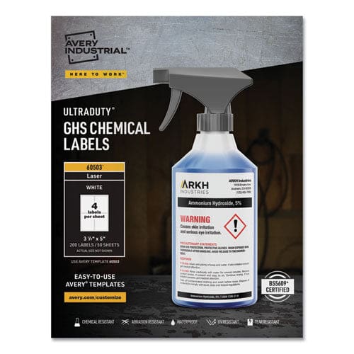 Avery Ultraduty Ghs Chemical Waterproof And Uv Resistant Labels 3.5 X 5 White 4/sheet 50 Sheets/box - Office - Avery®