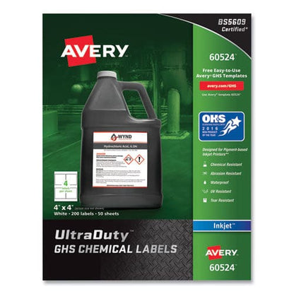 Avery Ultraduty Ghs Chemical Waterproof And Uv Resistant Labels 4 X 4 White 4/sheet 50 Sheets/pack - Office - Avery®