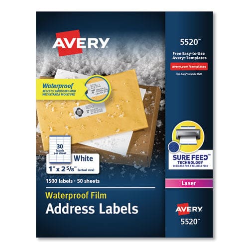 Avery Waterproof Address Labels With Trueblock And Sure Feed Laser Printers 1 X 2.63 White 30/sheet 50 Sheets/pack - Office - Avery®