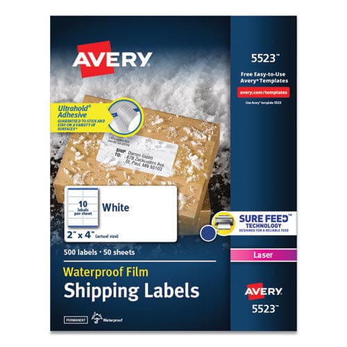 Avery Waterproof Shipping Labels With Trueblock And Sure Feed Laser Printers 2 X 4 White 10/sheet 50 Sheets/pack - Office - Avery®