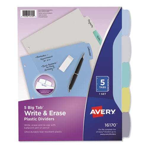 Avery Write And Erase Big Tab Durable Plastic Dividers Expandable Pocket 3-hole Punched 5-tab 11 X 8.5 Assorted 1 Set - School Supplies -