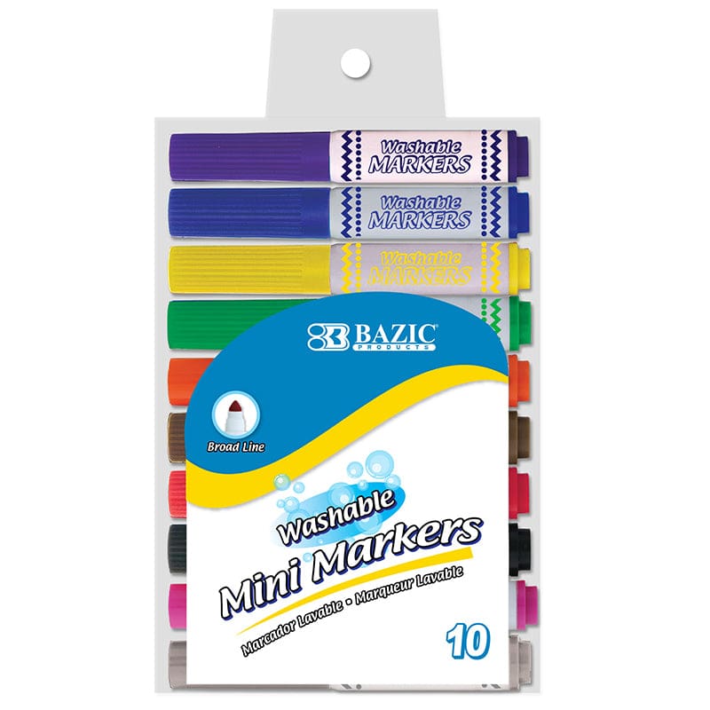 Bazic Washable Markers 10 Colors Mini Broad Line (Pack of 12) - Markers - Bazic Products