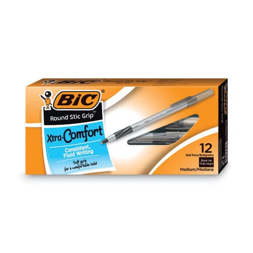 BIC Round Stic Grip Xtra Comfort Ballpoint Pen Easy-glide Stick Medium 1.2 Mm Black Ink Gray/black Barrel Dozen - School Supplies - BIC®