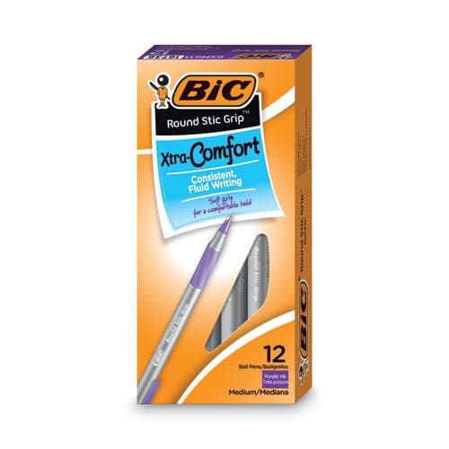 BIC Round Stic Grip Xtra Comfort Ballpoint Pen Easy-glide Stick Medium 1.2 Mm Purple Ink Gray/purple Barrel Dozen - School Supplies - BIC®