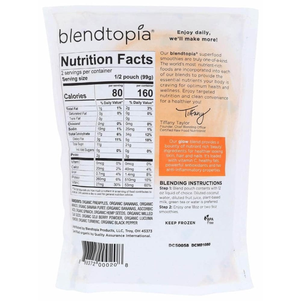 BLENDTOPIA Grocery > Frozen BLENDTOPIA Glow Organic Superfood Smoothie Kit, 7oz