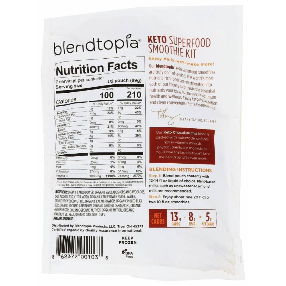 BLENDTOPIA Grocery > Frozen BLENDTOPIA Keto Chocolate Chai Smoothie Kit, 7 oz