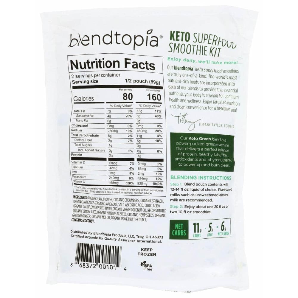 BLENDTOPIA Grocery > Frozen BLENDTOPIA Keto Green Smoothie Kit, 7 oz