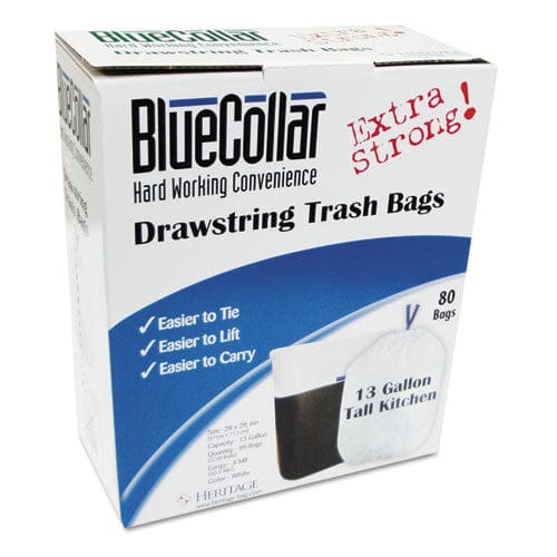 BlueCollar Drawstring Trash Bags 13 Gal 0.8 Mil 24 X 28 White 40 Bags/roll 2 Rolls/box - Janitorial & Sanitation - BlueCollar