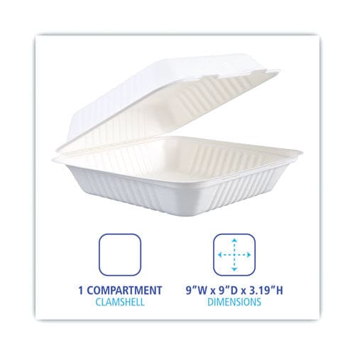 Boardwalk Bagasse Food Containers Hinged-lid 1-compartment 9 X 9 X 3.19 White Sugarcane 100/sleeve 2 Sleeves/carton - Food Service -