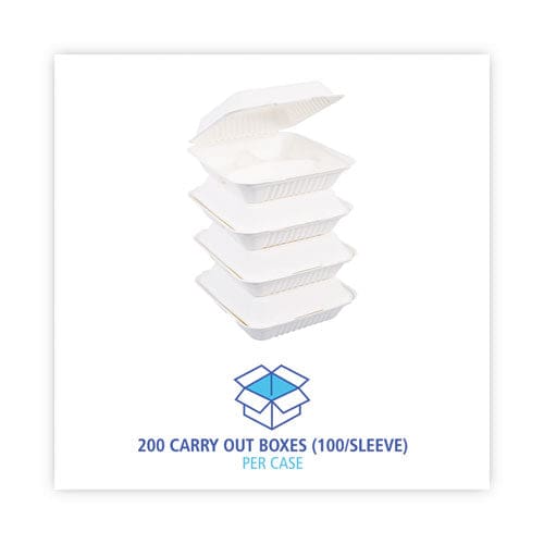 Boardwalk Bagasse Food Containers Hinged-lid 3-compartment 9 X 9 X 3.19 White Sugarcane 100/sleeve 2 Sleeves/carton - Food Service -