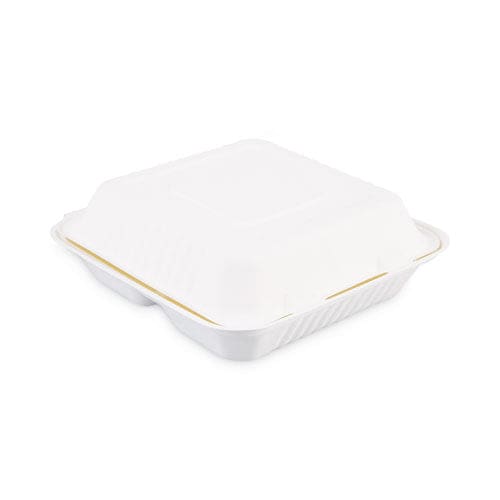 Boardwalk Bagasse Food Containers Hinged-lid 3-compartment 9 X 9 X 3.19 White Sugarcane 100/sleeve 2 Sleeves/carton - Food Service -