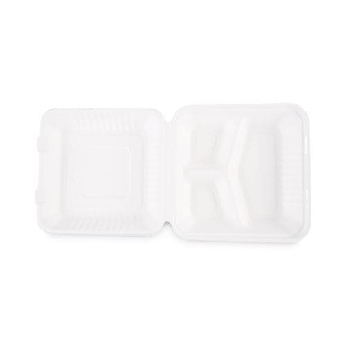 Boardwalk Bagasse Food Containers Hinged-lid 3-compartment 9 X 9 X 3.19 White Sugarcane 100/sleeve 2 Sleeves/carton - Food Service -