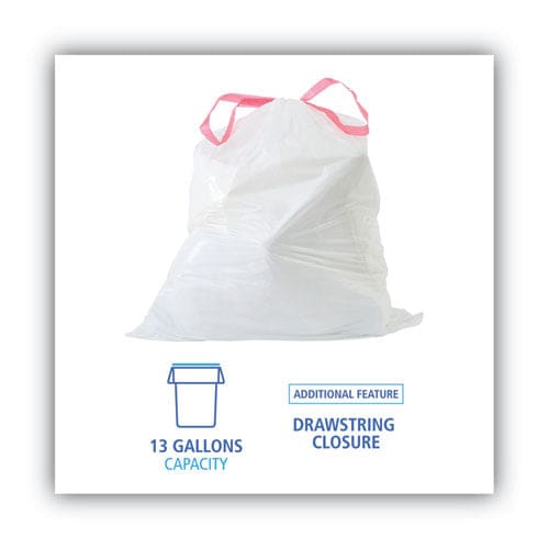 Boardwalk Drawstring Kitchen Bags 13 Gal 0.8 Mil White 50 Bags/roll 2 Rolls/carton - Janitorial & Sanitation - Boardwalk®