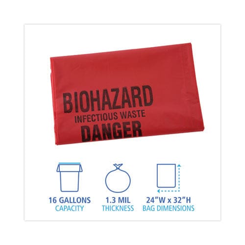 Boardwalk Linear Low Density Health Care Trash Can Liners 16 Gal 1.3 Mil 24 X 32 Red 250/carton - Janitorial & Sanitation - Boardwalk®