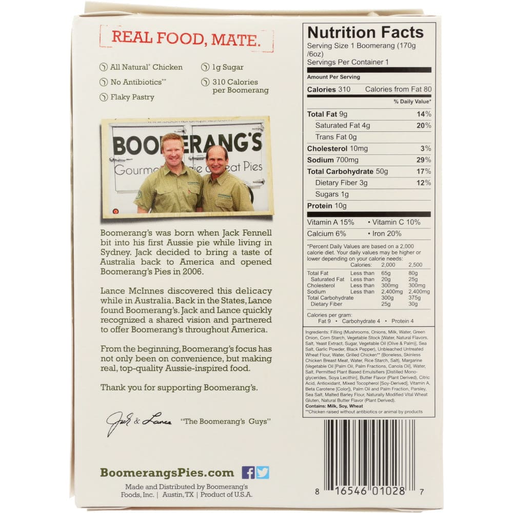 BOOMERANGS: Chicken and Mushroom Aussie Pie 6 oz - Grocery > Frozen - BOOMERANGS