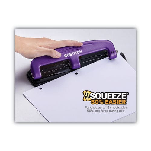 Bostitch 12-sheet Ez Squeeze Three-hole Punch 9/32 Holes Purple/black - School Supplies - Bostitch®