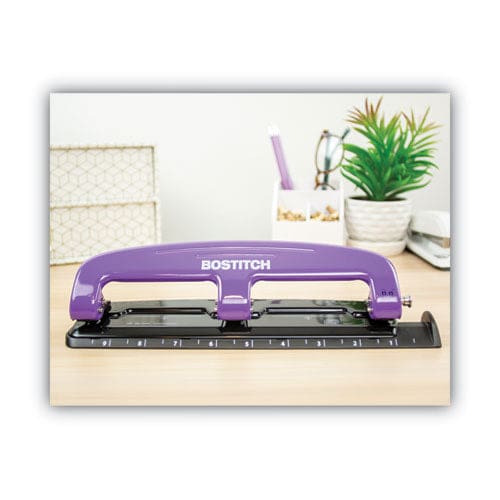 Bostitch 12-sheet Ez Squeeze Three-hole Punch 9/32 Holes Purple/black - School Supplies - Bostitch®