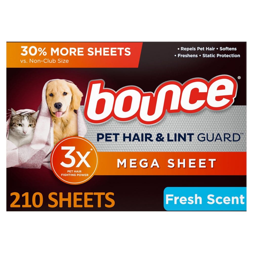 Bounce Pet Hair and Lint Guard Mega Dryer Sheets with 3X Pet Hair Fighters Fresh Scent (210 ct.) - Laundry Supplies - Bounce Pet