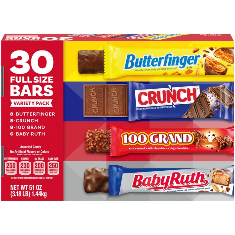 Butterfinger Crunch 100 Grand & Baby Ruth Assorted Chocolate Bar Variety Pack 30CT - Ferrero Rocher