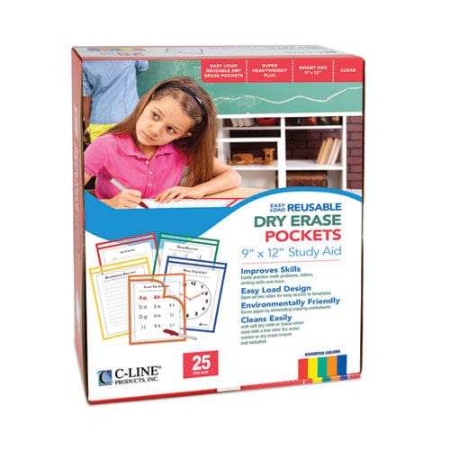 C-Line Reusable Dry Erase Pockets Easy Load 9 X 12 Assorted Primary Colors 25/pack - School Supplies - C-Line®